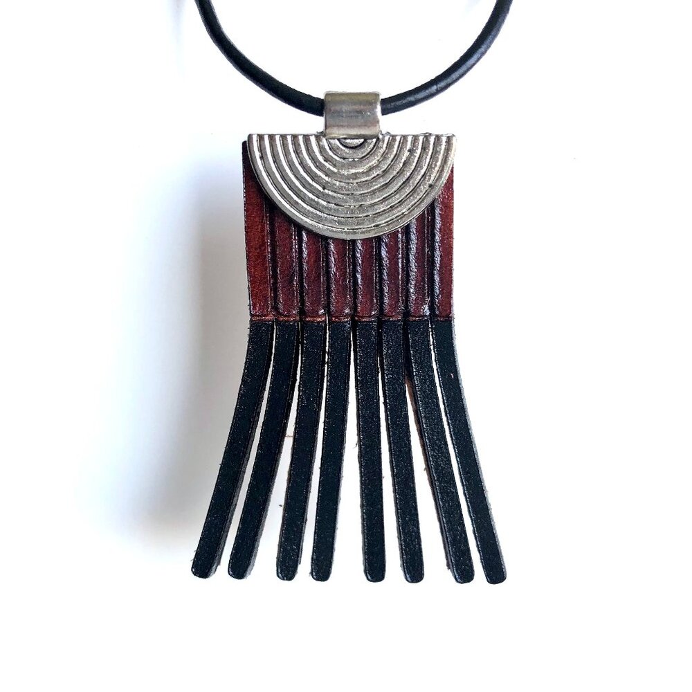 MishaGirl Handmade Black and Brown Leather Fringe Pendant Necklace